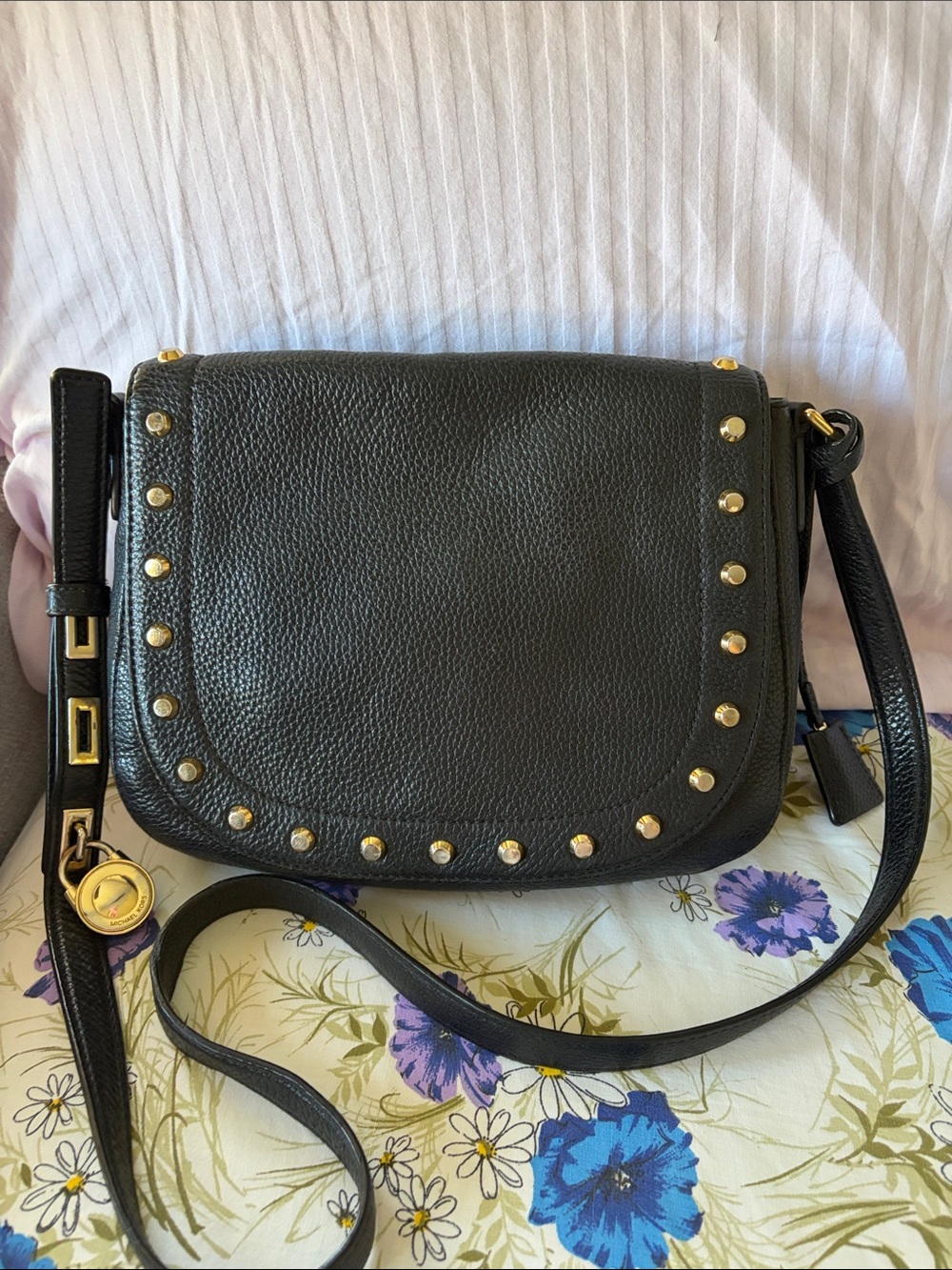 Michael Kors Black Leather Crossbody Bag with Gold Stud Accents